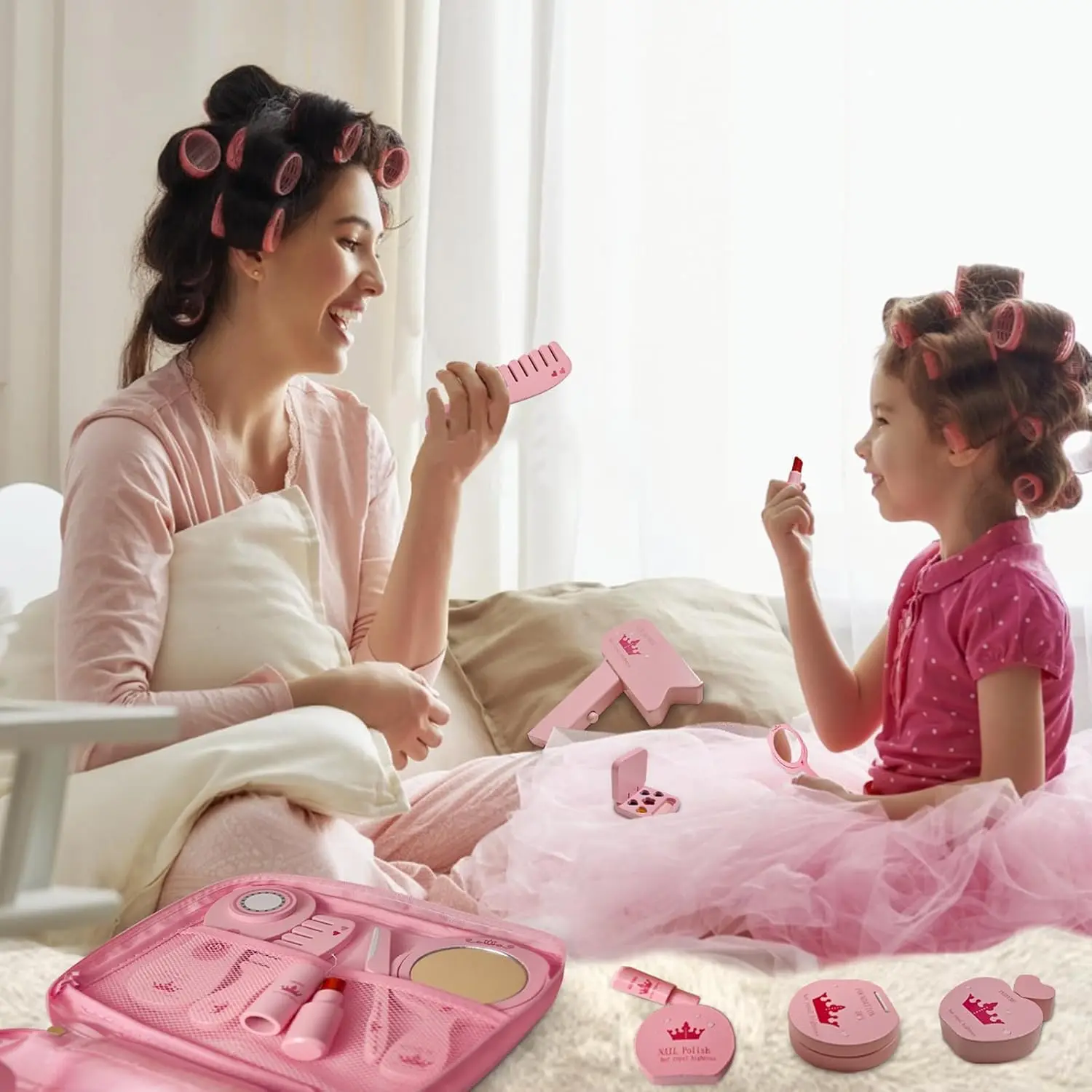 مجموعة مستحضرات التجميل المحاكاة لعبة خشبية لعبة التظاهر للأطفال مجموعة مكياج تجميل الشعر مع أحمر الشفاه طلاء الأظافر هدية سفر للفتيات