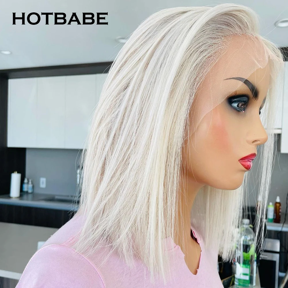 Peluca de cabello humano liso de 13x4, postizo de encaje Frontal transparente, corte Bob, pelo Remy brasileño, color rubio y blanco 613, HD