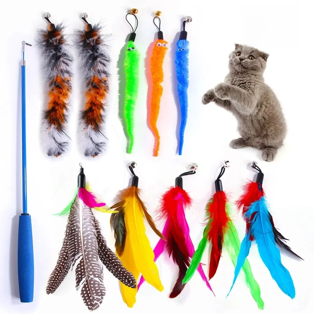 11pcs Remplacement Plume de Chat Jouet Ensemble Plume Tête de Remplacement Rétractable Chat Bâton Chat Produits