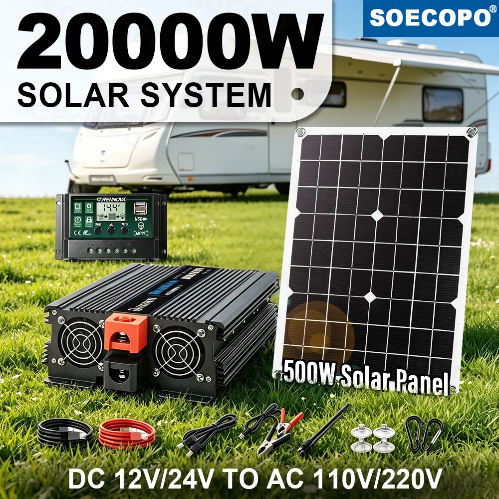 SOECOPO Fishing Camp Solar System 2000W Rated Power Car Inverter 20000W Version 12V 24V to 110V 220V Controller Phone Charging