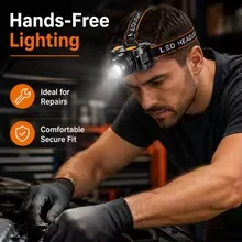 LED Headlamp Rechargeable with Adjustable Strap – Hands-Free Outdoor, Camping, Hiking, Running, Work Light