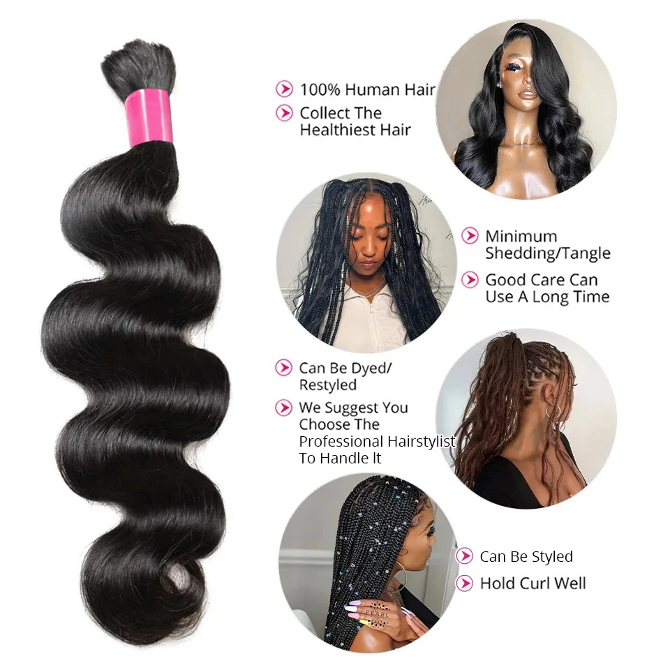 Bulk Raw Human Hair Body Wave, Remy Extensões para Trançar, 100% não transformados, sem trama, 100g