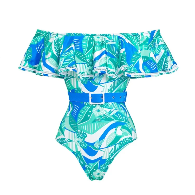 Maiô e saia de uma peça de impressão tropical feminino, fora do ombro Beachwear, babados duas peças maiô, Swimwear