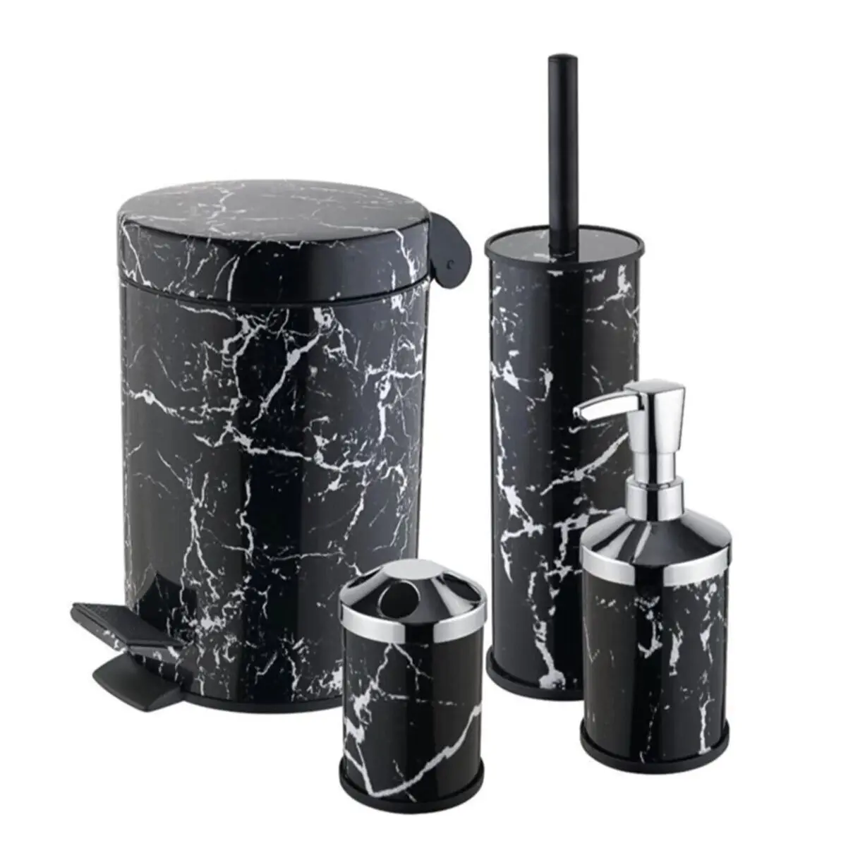 

Bathroom Accessory Set 4 Pieces Black Liquid Soap Dispenser Marble Patterned Toilet Brush Trash Can Toothbrush Holder For Home