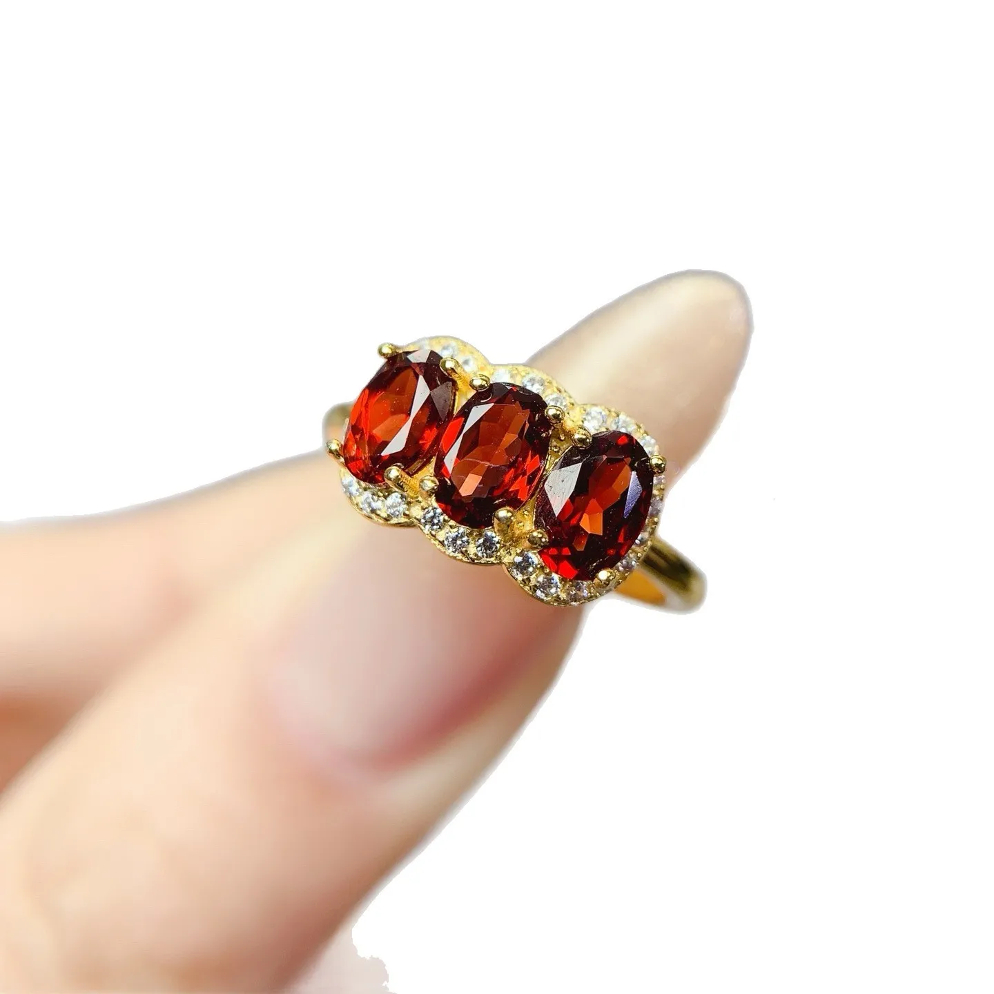 KJJEAXCMY girls' pure natural 4x6mm open red garnet ring 925 sterling silver electroplated 18K gold Christmas gift for girlfrien