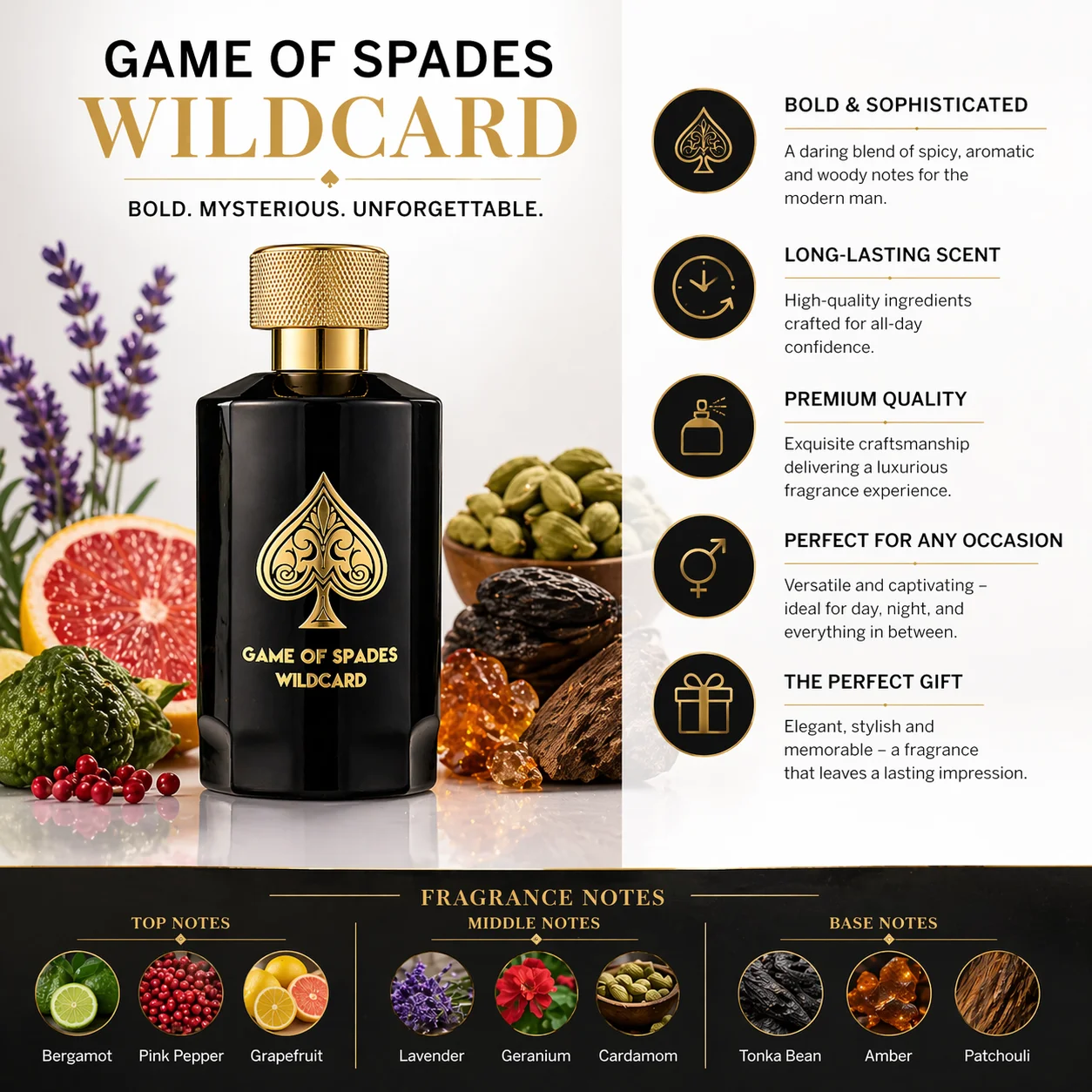 GAME OF SPADES WILDCARD Eau de Parfum for Men 100ml Long Lasting Spicy Woody Fragrance Gift Bottle view 3