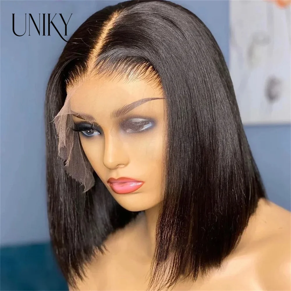 

Uniky Hair Short Straight Bob Wig Brizilian Human Hair 13x4 Lace Front Wig #1B Pre Plucked 150% Density For Woman Remy Hair