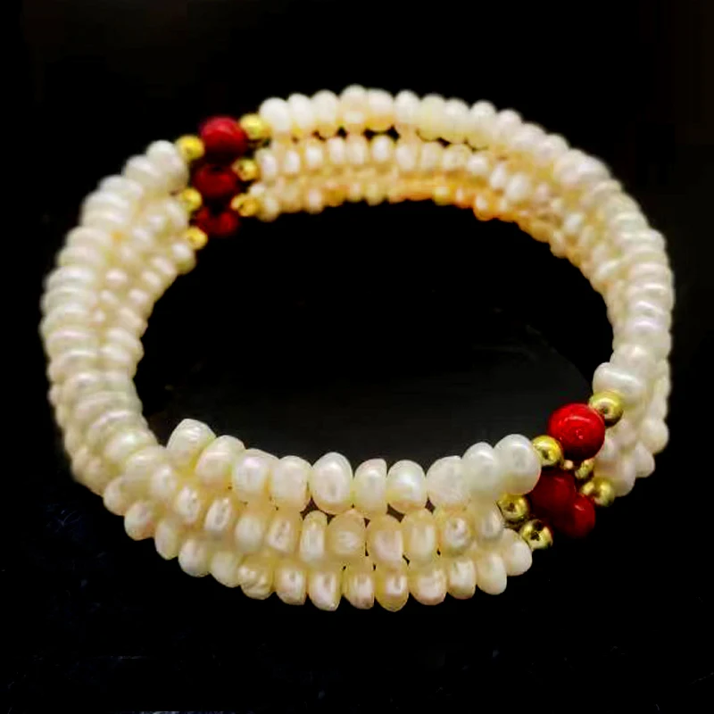 Wholesale 7 inches 4-5mm White Nugget Pearl Green Jade Memory Wire Bracelet