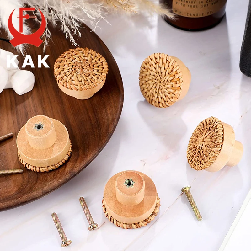 KAK 10PCS Natural Wooden Handles Rattan Drawer Knobs Kitchen Cabinet Door Knob for Furniture Dresser Wardrobe Handle Hardware
