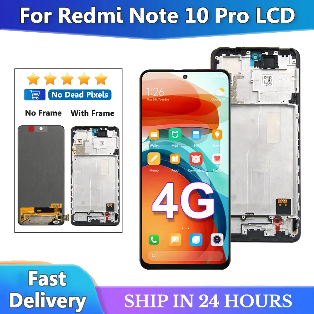 6.67\'\' AMOLED For Redmi Note 10 Pro 4G Display with Frame, for Xiaomi Redmi Note10 Pro 4G M2101K6G Lcd Display Touch Screen