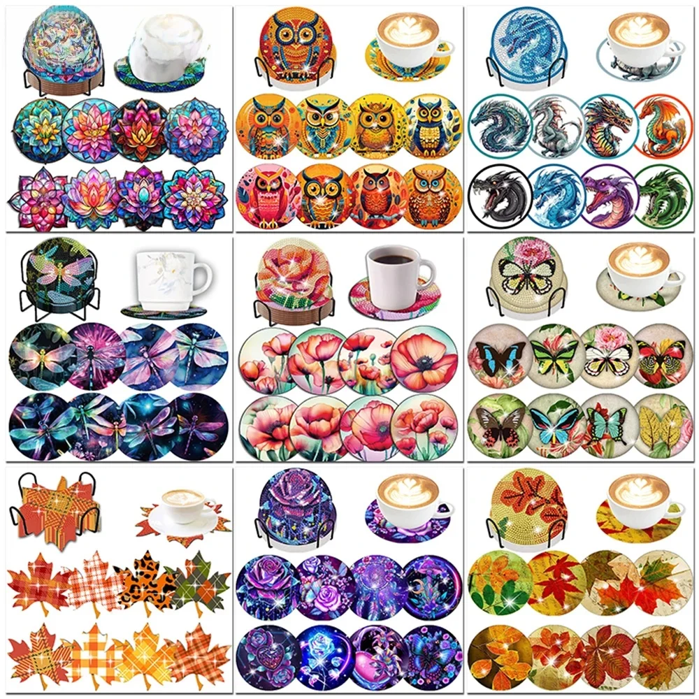 8 sztuk/zestaw DIY diamentowe malowanie podkładka ozdoba zwierząt kwiat motyl kubek do napoju diamentowy haft zestaw artystyczny dekoracja 10x10cm — zdjęcie 2