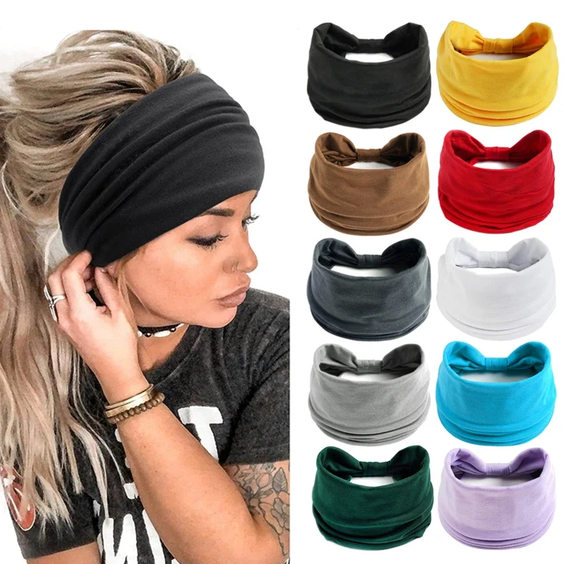 Nowe szerokie opaski Boho w jednolitym kolorze Vintage Knot elastyczny turban Headwrap dla kobiet dziewczynki miękka bawełniana chustka akcesoria do włosów — zdjęcie 2