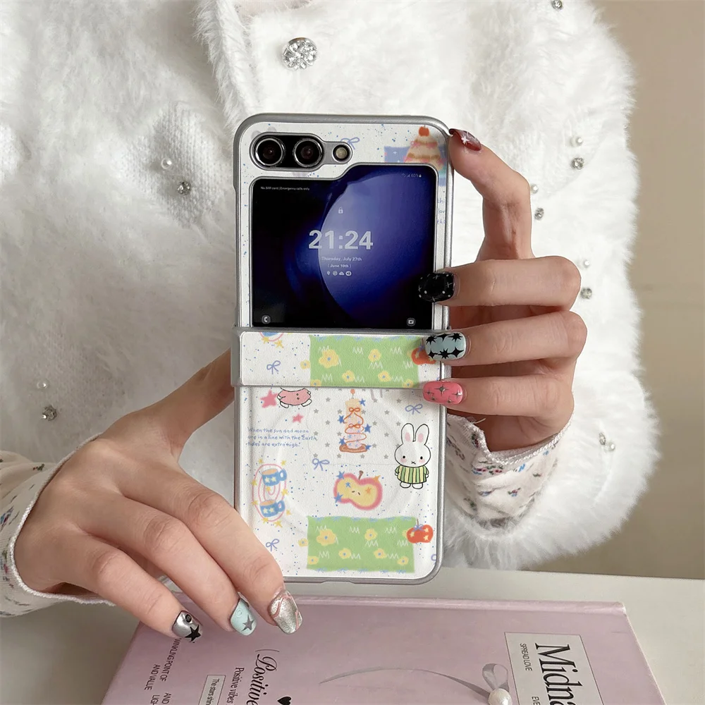 Cute Miffy Bunny Sticker Party Pattern Magnetic PU Leather Phone Case For Samsung Z Flip 8 7 6 5 4 Full Hinge Anti‑Drop Folding