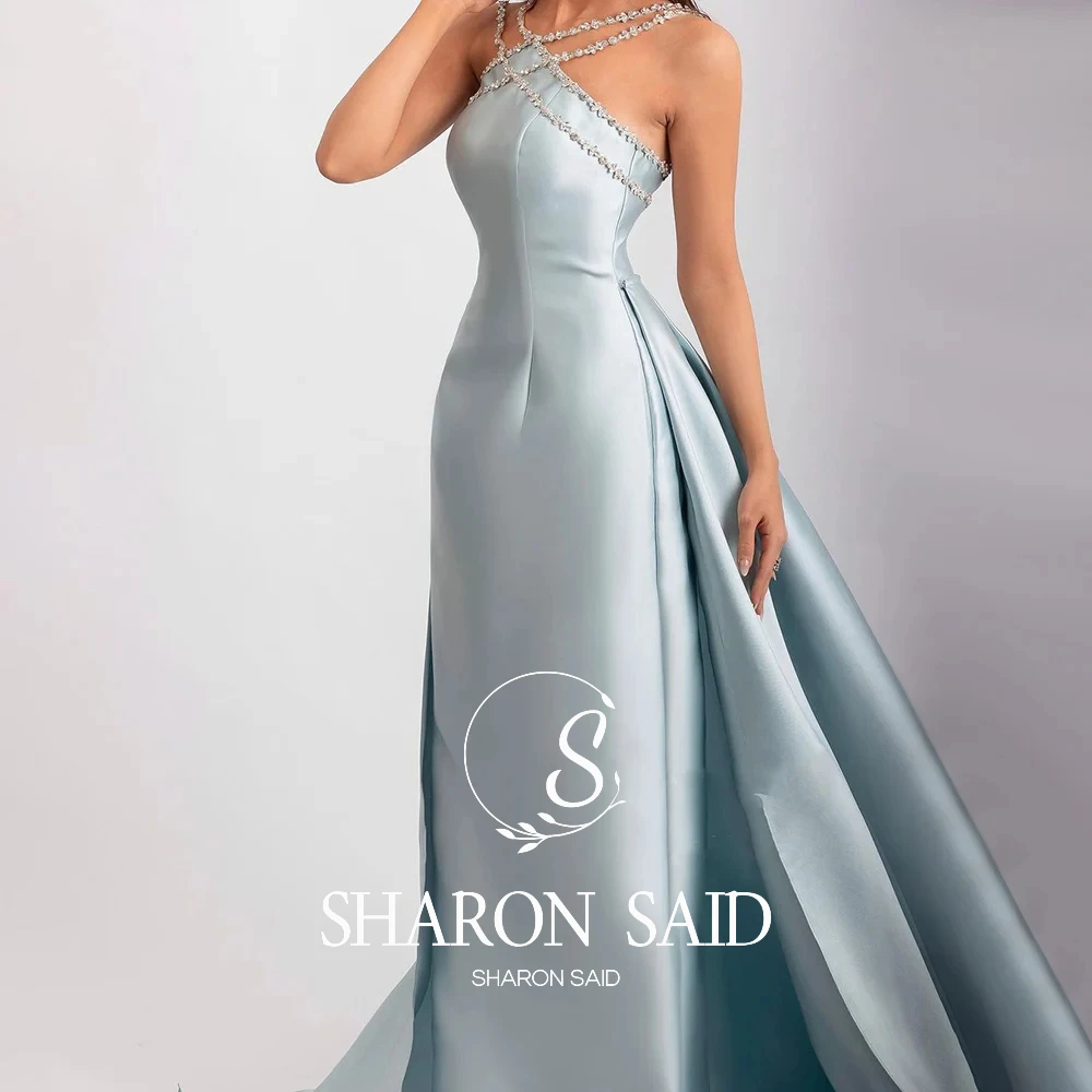 Sharon Said Elegantes Hellblaues Satin-Abendkleid im Arabischen Stil für Hochzeiten, mit Überrock, Formelle Partykleider SF048, Maßanfertigung – Detail 6