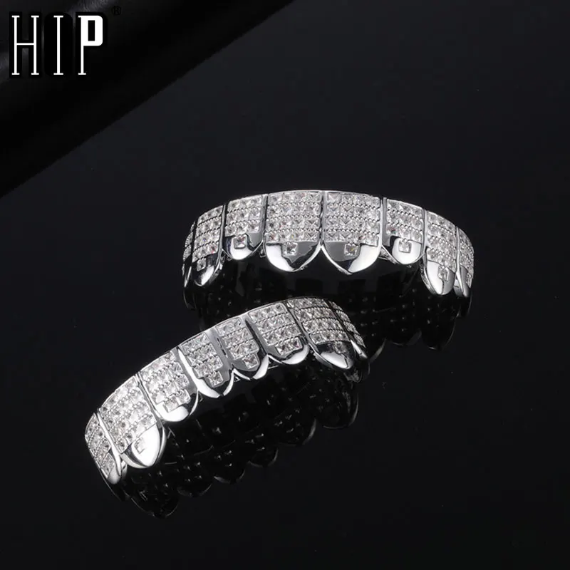 Hip Hop Full CZ Teeth Grillz Caps Cubic Square Zircon Iced Out Micro Pave Top&Bottom Charm Grills Set For Men Women Jewelry Gift