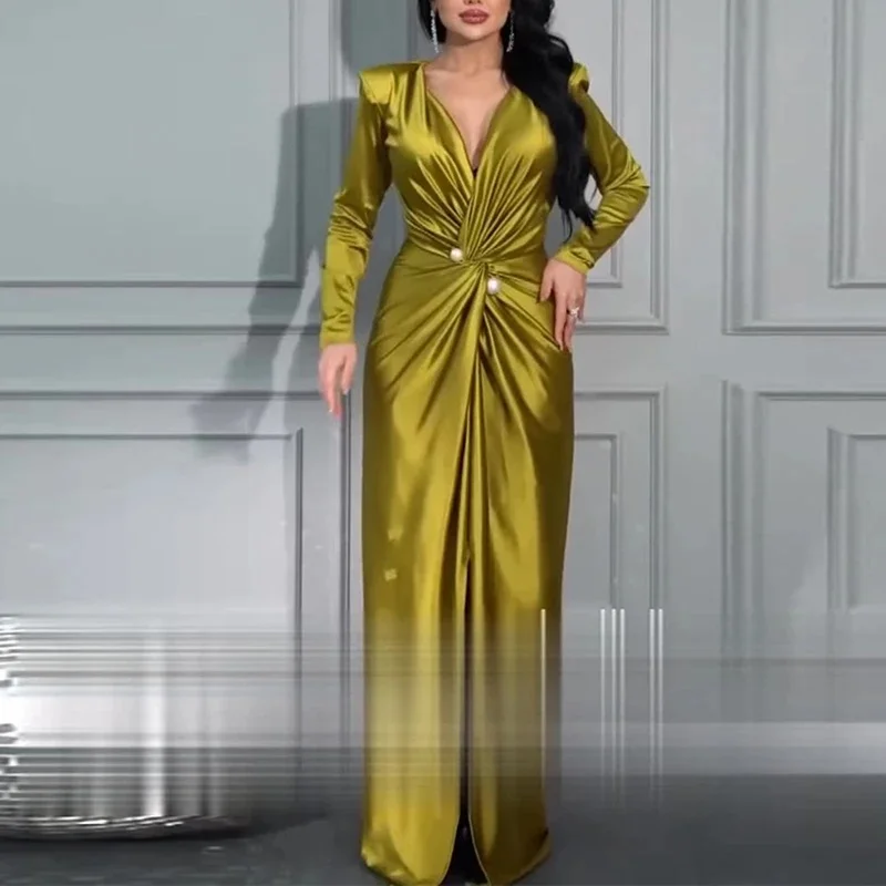 Jesienna sukienka bankietowa z długim rękawem Elegancka sukienka z temperamentem V Neck Slim Party Dress Lady Fashion Twisted High Waist Office Dress — zdjęcie 2