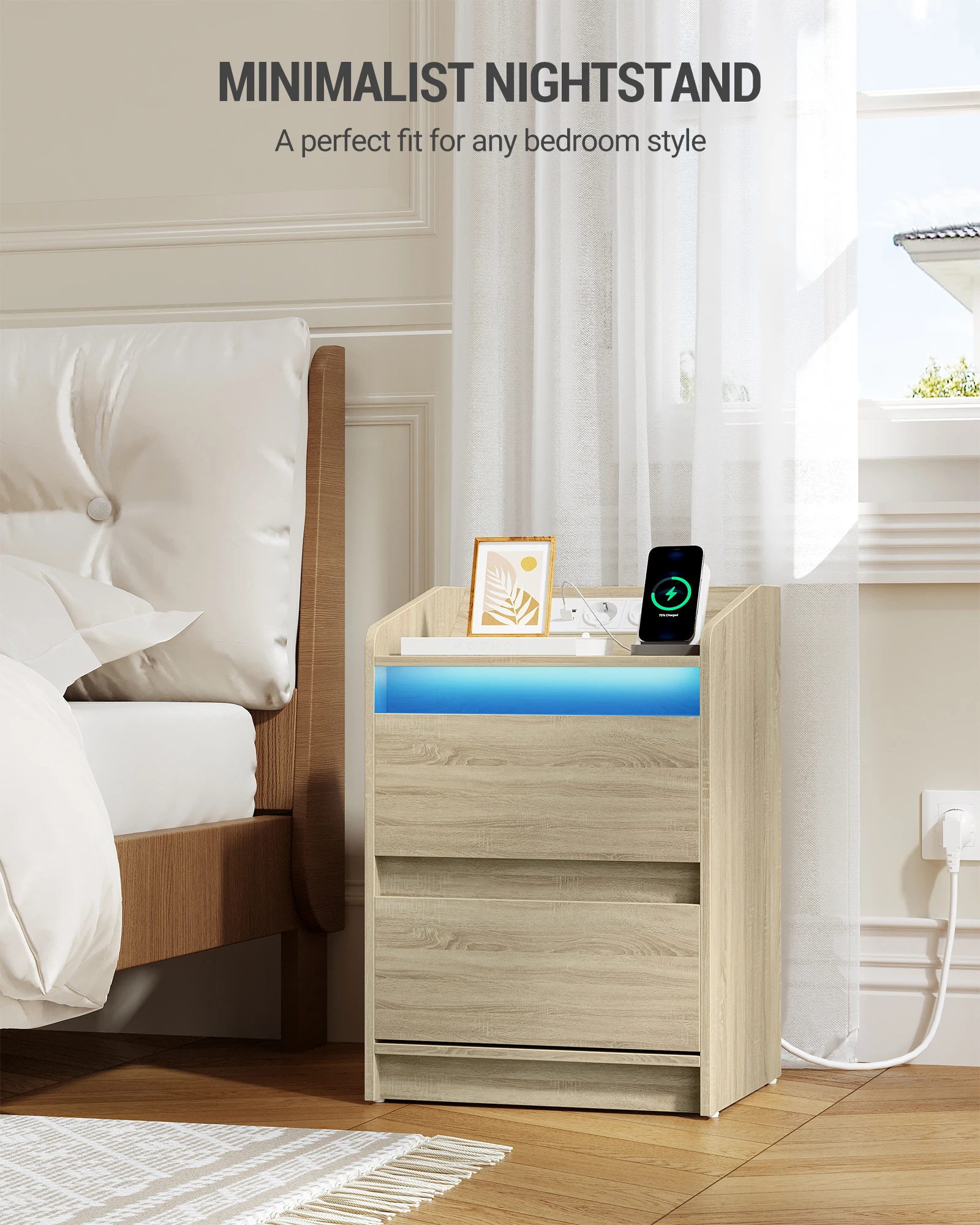 Tables de chevet avec éclairage LED, station de charge et 2 tiroirs, table d'appoint avec ports USB et prises, pour chambre à coucher