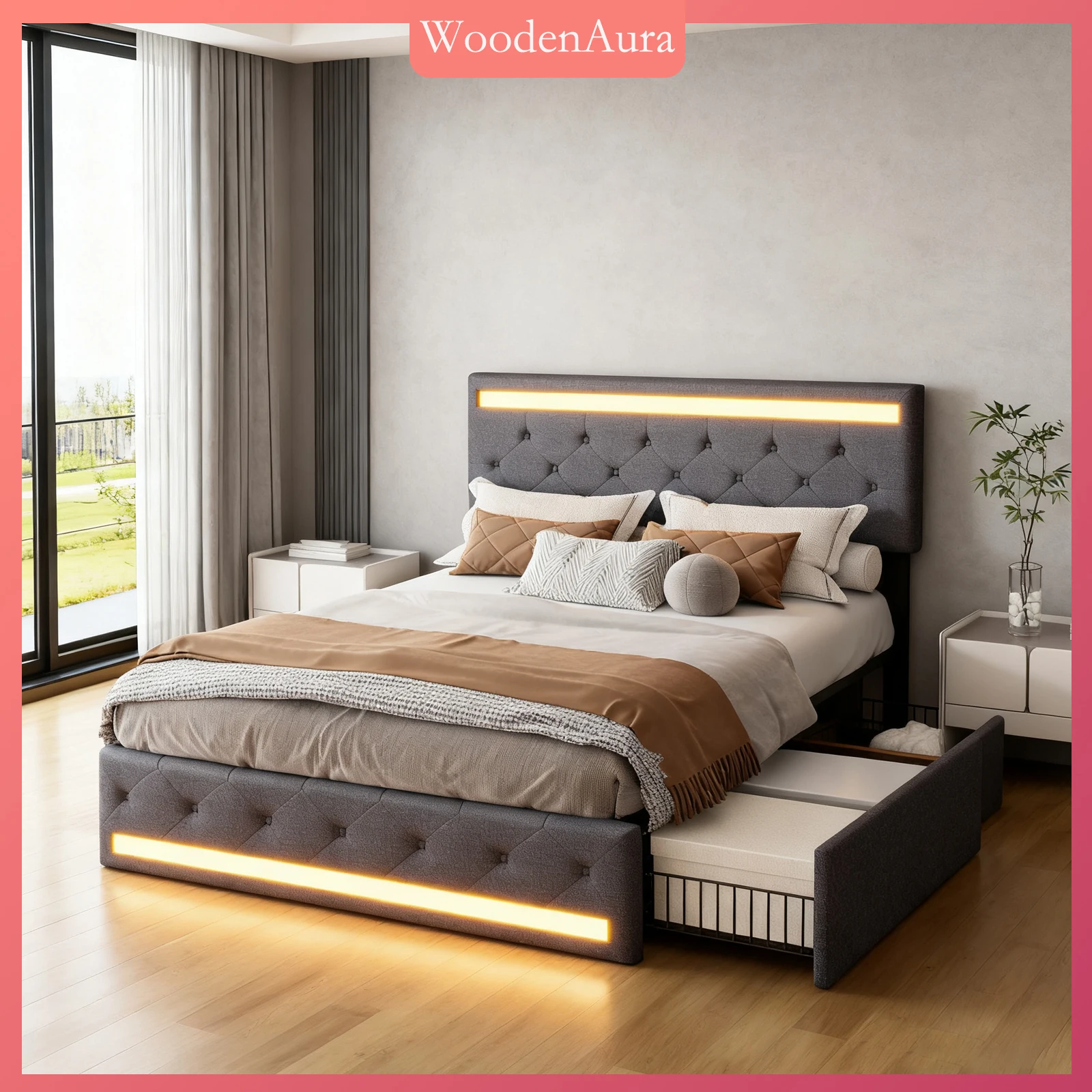 Lit 140x200 CM avec 4 Tiroirs - avec LED et USB - Lit Coffre avec Rangement - Lit 2 Personnes avec sommier - Métal - Gris