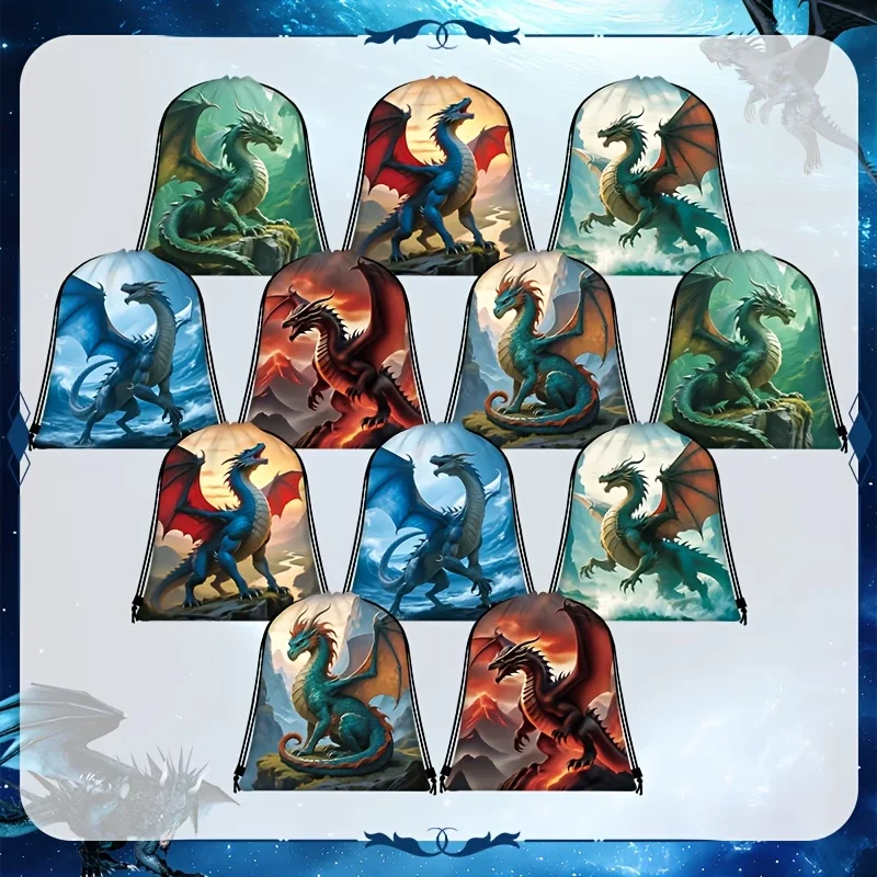 12Pcs Fantasy Dragon Drawstring Backpack, Random Mythical Dragon Print Sack for Birthday Party Favors & Gift Storage Pouches