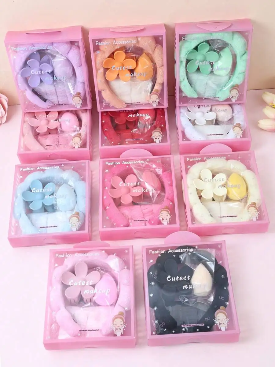

5 Pcs Girls Sponge Spa Headband Wristbands With Large Flower Hair Claw Clip Gift Set Hair Stuff Hair Accessories Set With Delicate Box For Party Gifts And Daily Use
