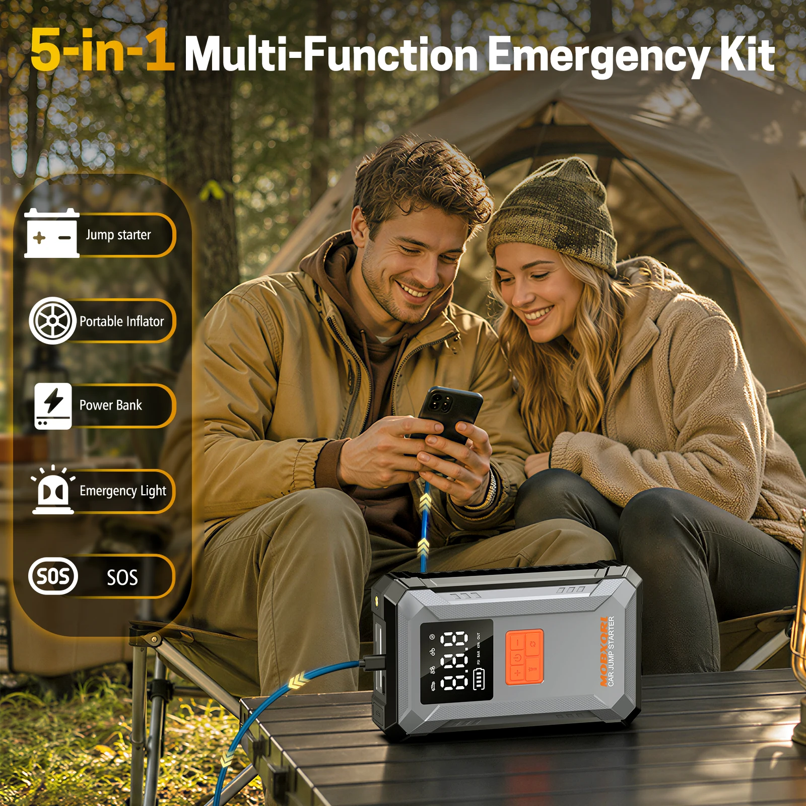 MOBXQRL Car Battery Starter 3000A Peak Car Jump Starter 12V Car Battery Jump Starter, 150PSI Digital Tire Air Compressor Inflator, All-in-One Portable Emergency Box with Fast Charge USB Port, LED Flashlight for Gas Diesel Car,Booster for Starting Cars ﻿