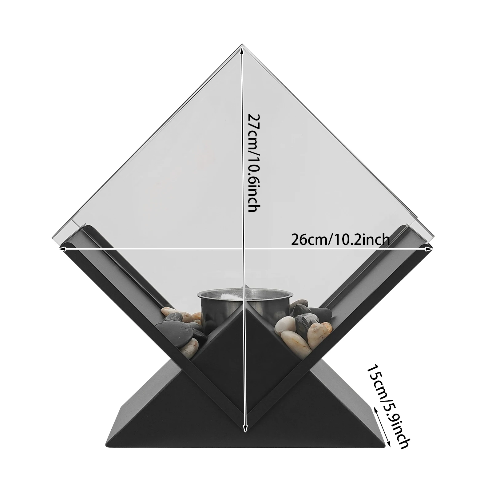 حفرة نار من الزجاج والمعدن الأسود مع أحجار زخرفية، مدفأة على الطاولة للاستخدام الداخلي أو الخارجي لطاولة الطعام، طاولة الحفلات