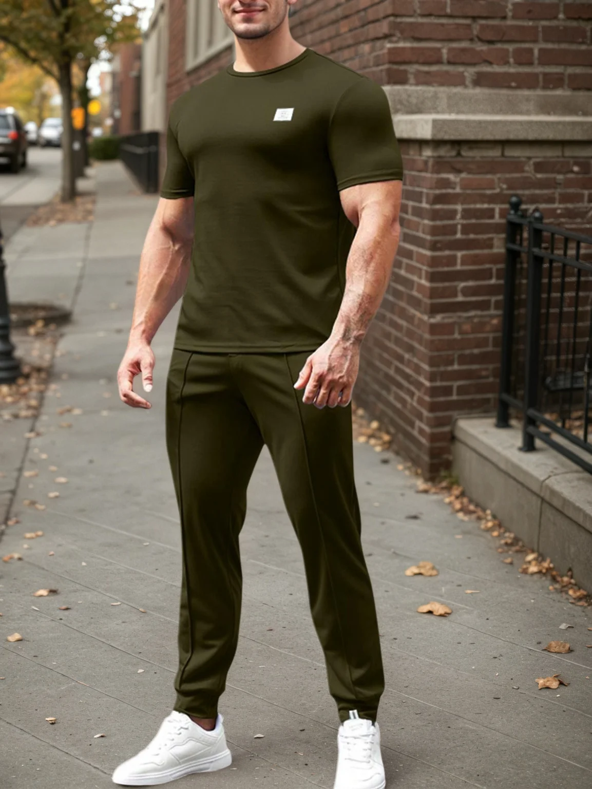 

Мужская летняя футболка из двух предметов с короткими рукавами и круглым вырезом и повседневные брюки с манжетами, спортивный костюм, мужские брюки и топы, повседневный костюм