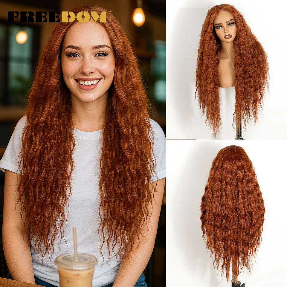 FREEDOM Synthetic Lace Front Wigs For Women T Part & 6x4 Pre Plucked Wear and Go Glueless Wig Long Curly Wavy Ginger Cosplay Wig