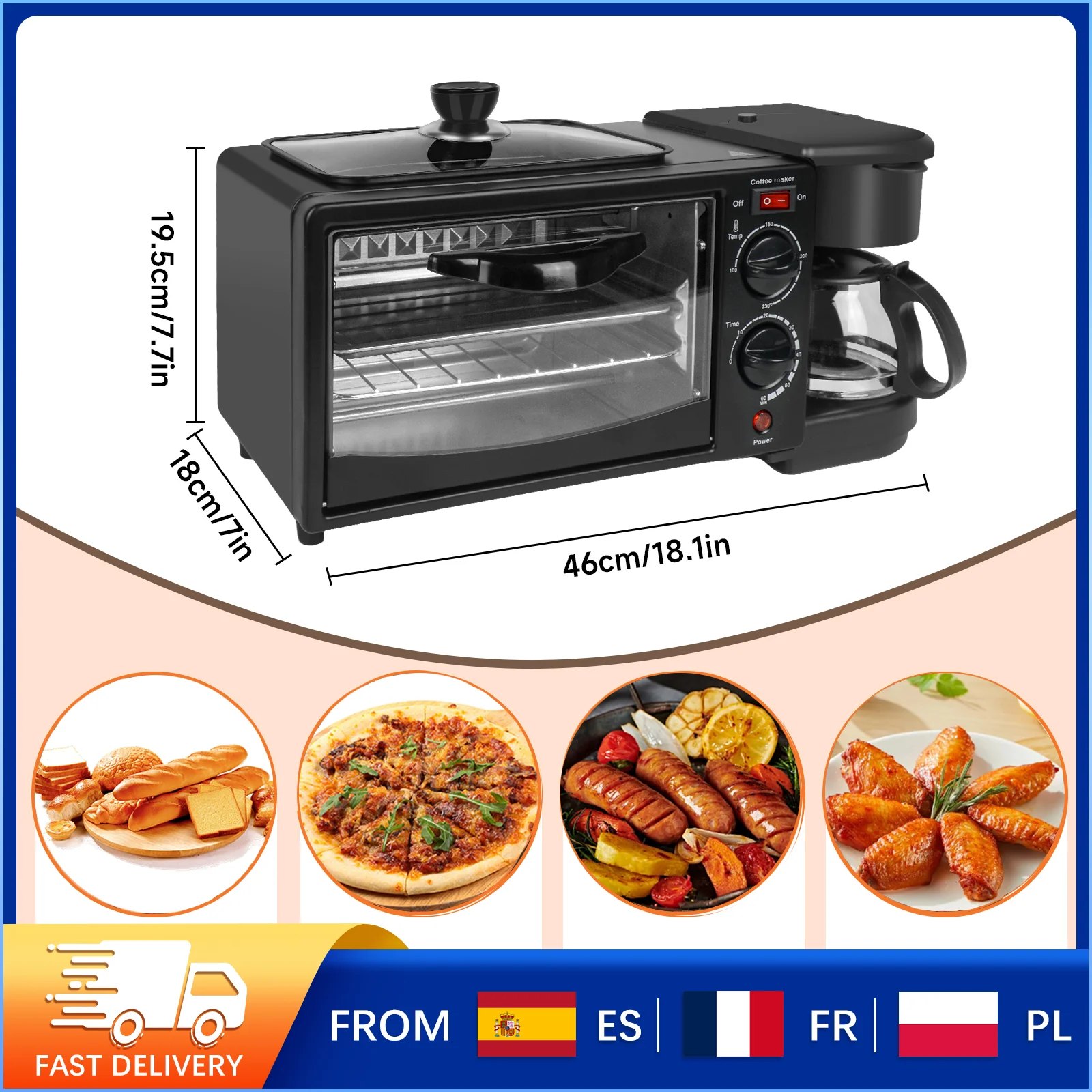 Máquina de Desayuno Compacta 3 en 1 con Patas Antideslizantes, Asa Antiescaldaduras, Horno de 9L, Cafetera de 600ml, Esencial para la Cocina