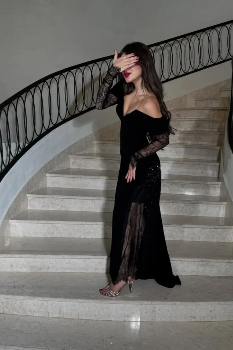 Jessica Black Lace Long-sleeved Shirt Evening Dresses Formal Occasions Prom Dresses Sexy Off-the-shoulder Party Dresses