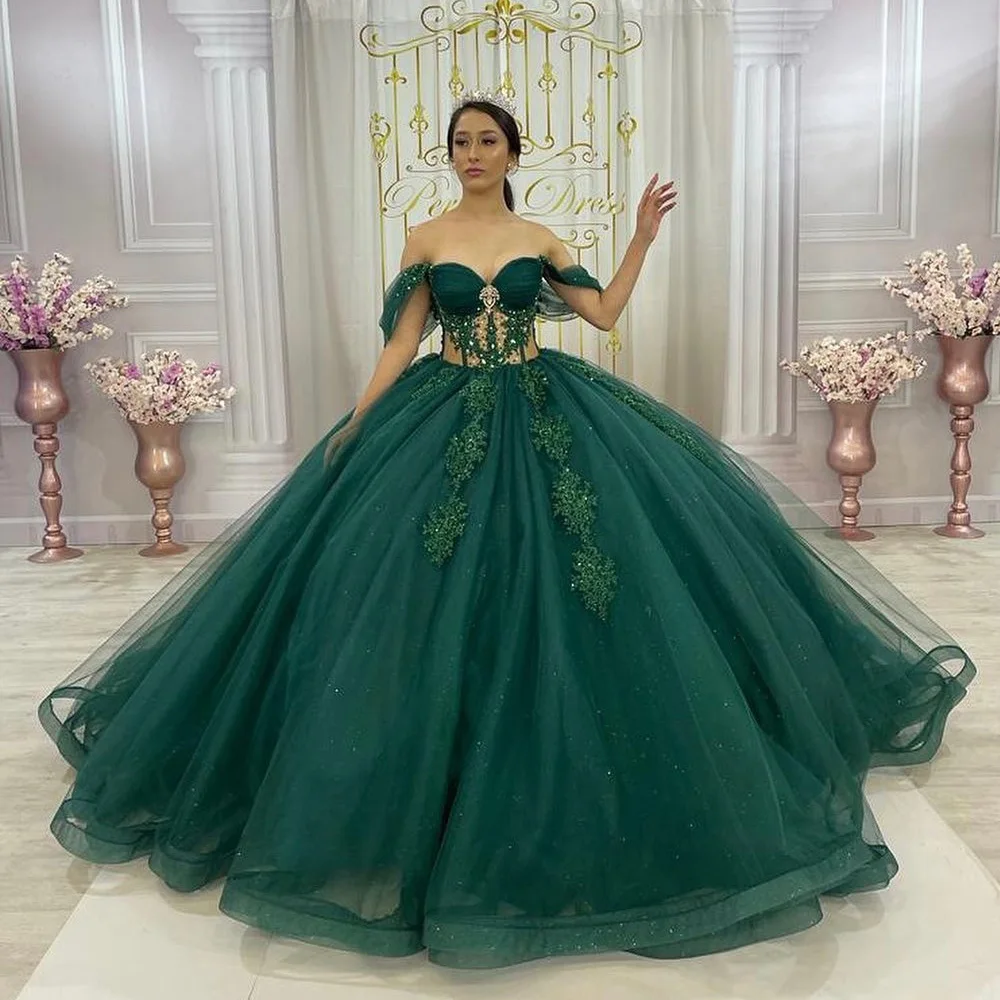 Vestidos De quinceañera De color verde oscuro personalizados, vestido De baile con hombros descubiertos, vestido De princesa dulce 16, Vestidos De 15 Anos, Gala De cumpleaños