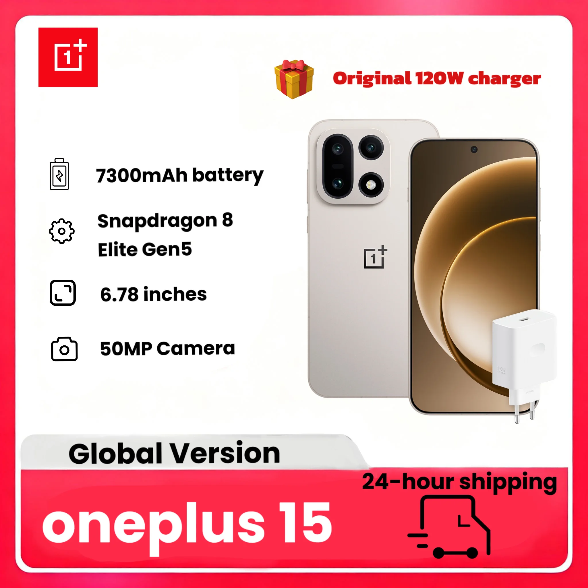 Smartphone OnePlus 15 AI 5G, Snapdragon 8 Elite Gen5, batería de 7300 mAh, video 4K 120 FPS Dolby Vision, IP68, con cargador de 120 W 4