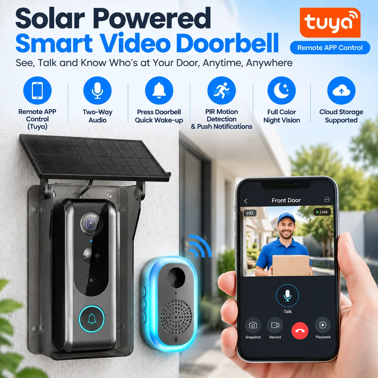 Solar Powered Tuya Smart Video Doorbell Camera Wireless Door Bell PIR Motion DetectionTwo Way Audio Night Vision