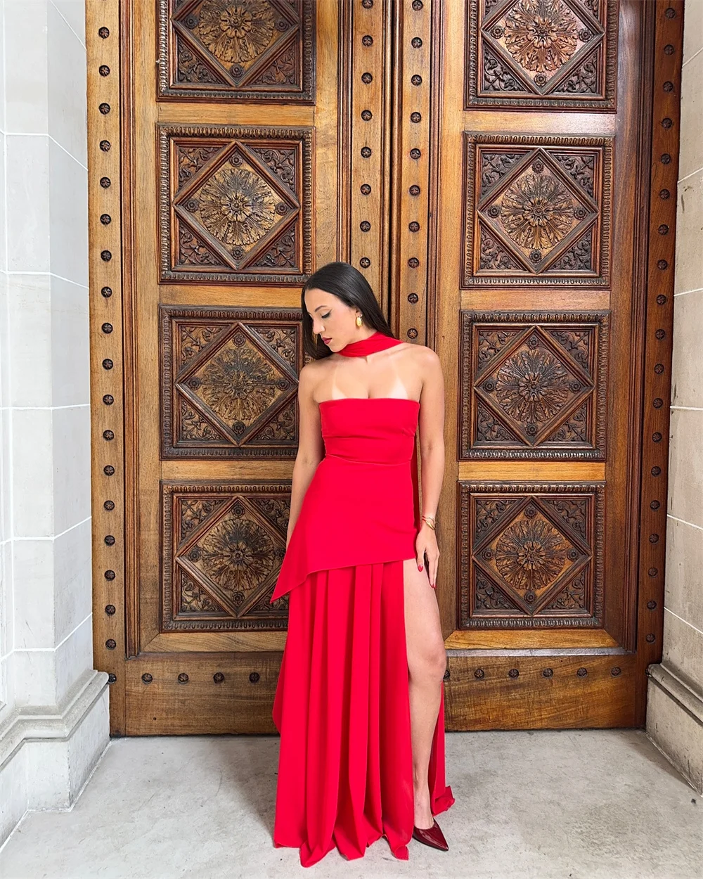 Sansa Rode Strapless Schede Aangepaste Galajurken Afneembare Sjaal Zijhoge Split Feestjurken Vloerlengte Avondjurken