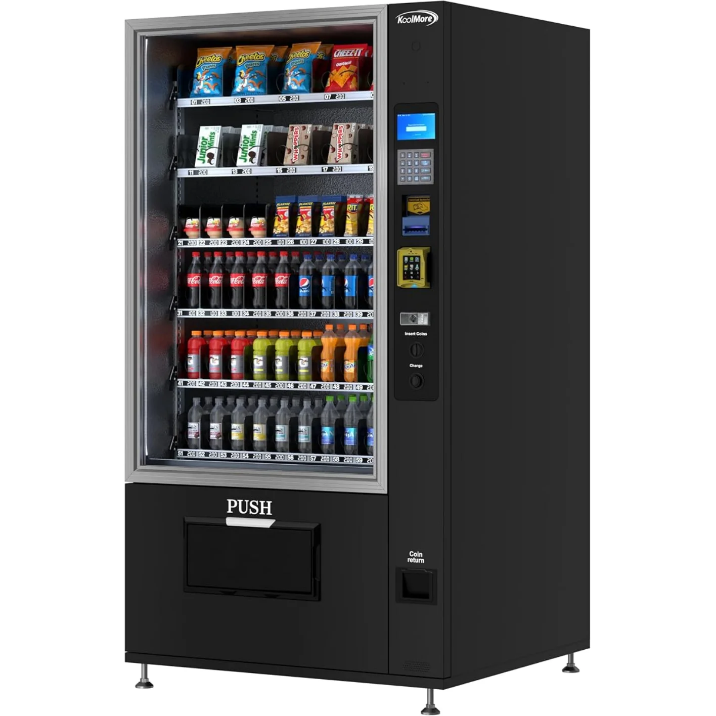 NON-REFR!GERATED SNACK VEND!NG MACH!NE W!TH 60 SLOTS CRED!T CARD READER B!LL ACCEPTOR 22 !NCH TOUCH SCREEN IN BLACK KM-NRVMCB-50