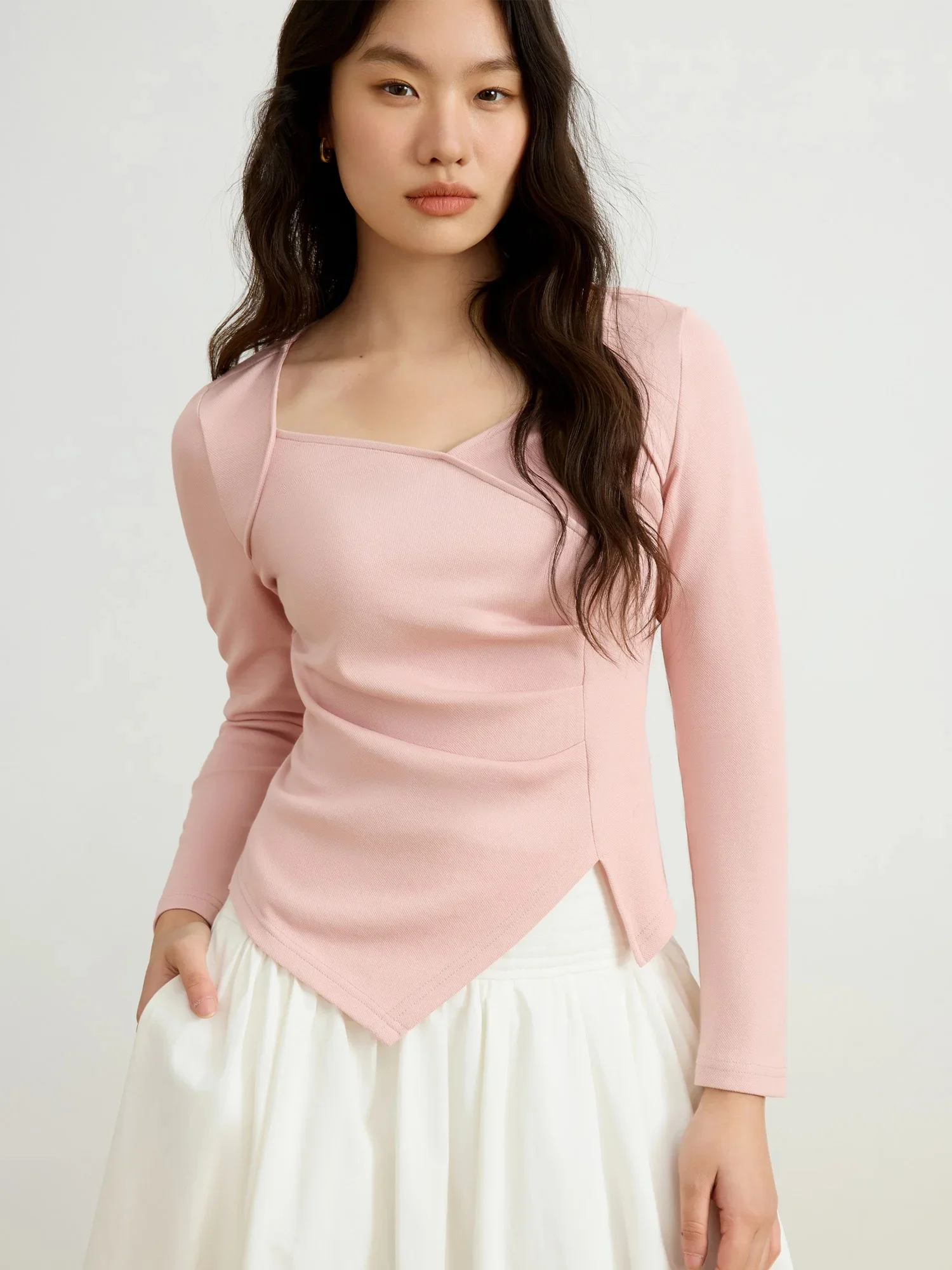 DUSHU damskie wiosenne topy z długim rękawem kobiece szczupłe elastyczność różowa dzianina Casual szare t-shirty z długim rękawem 25DS81124 — zdjęcie 2
