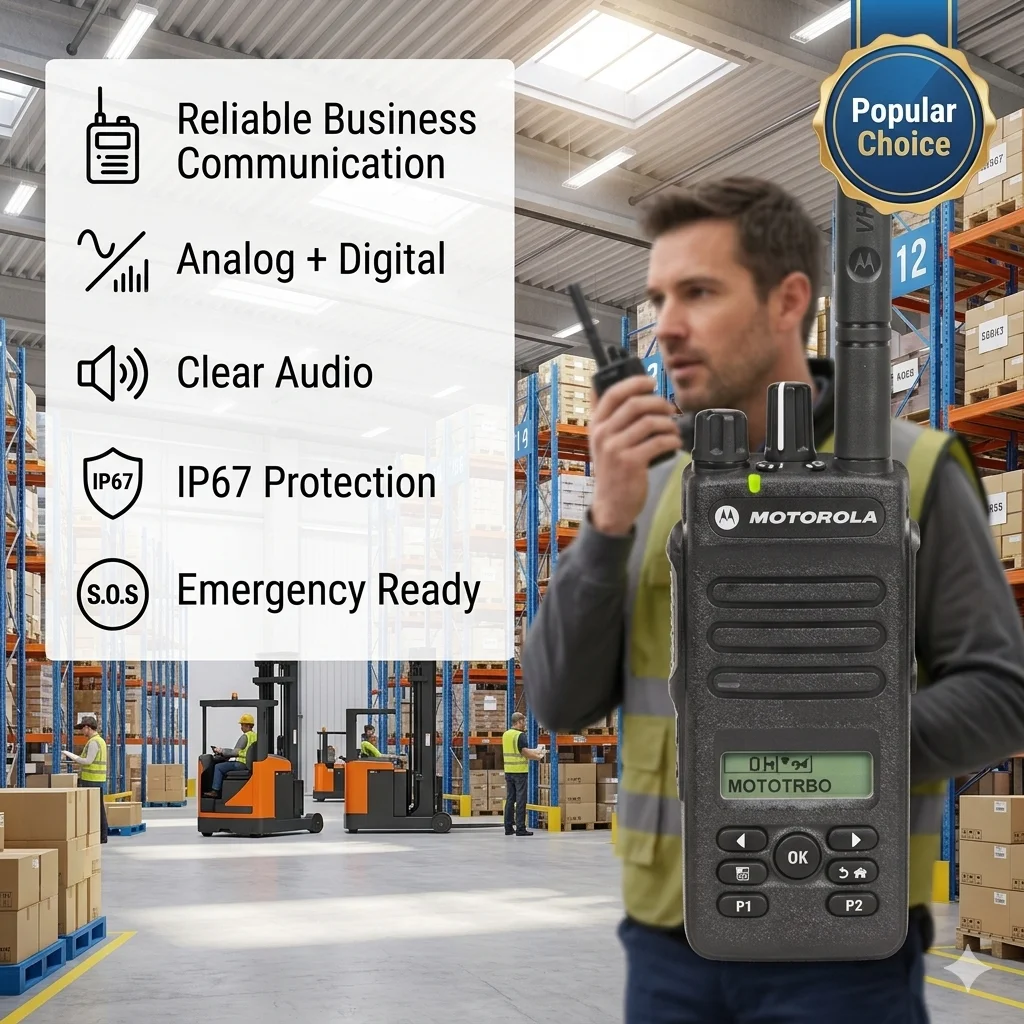 

Цифровая двухсторонняя радиостанция Motorola DP2400e MOTOTRBO DMR, водонепроницаемая по стандарту IP67, UHF/VHF, портативная рация для безопасности и промышленности
