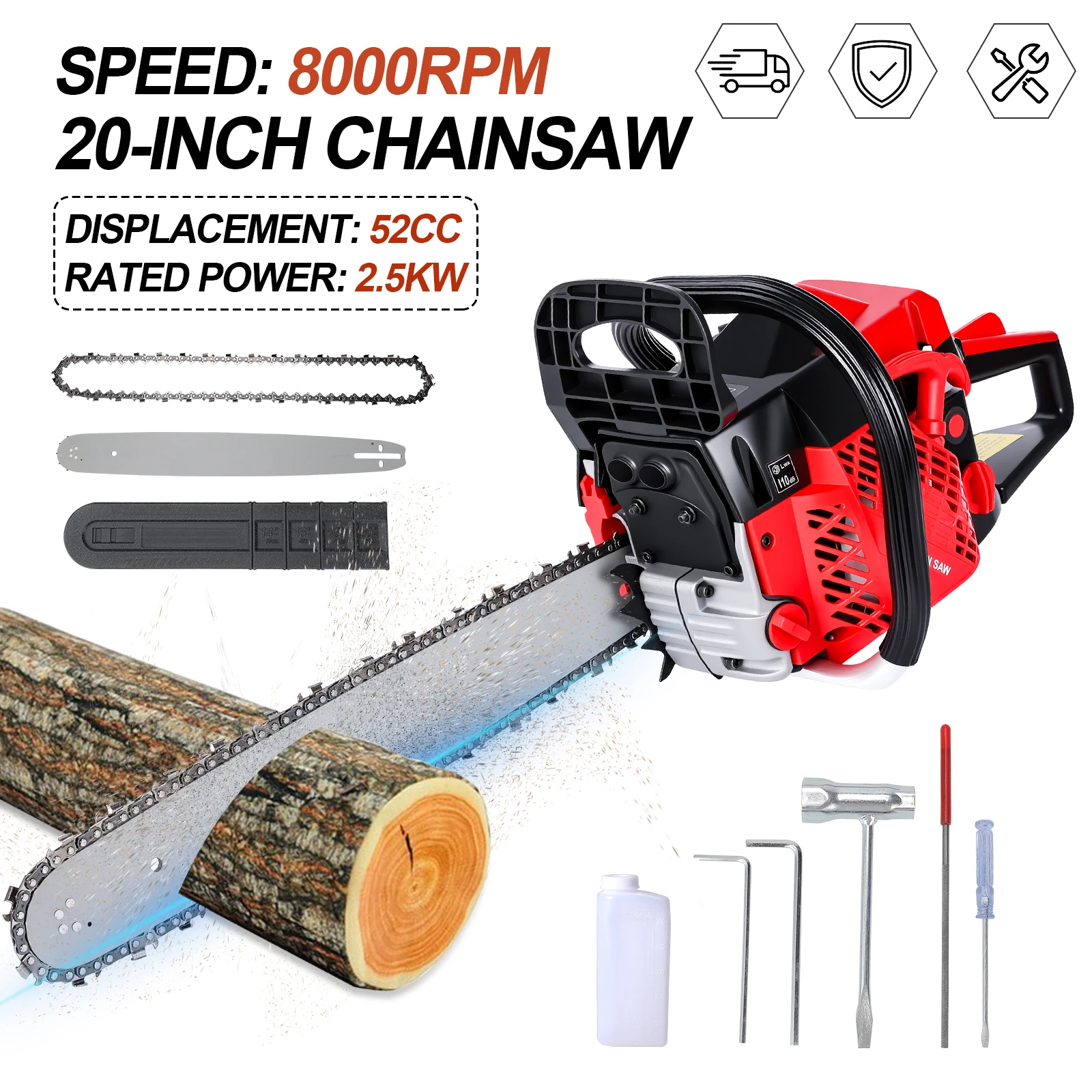 20-Zoll-Benzin-Kettensäge mit 2-Takt-Motor, 52cc, 2,8 PS, Anti-Vibrations-System für Beschneiden, Fällen, Gartenarbeiten und Holzbearbeitung