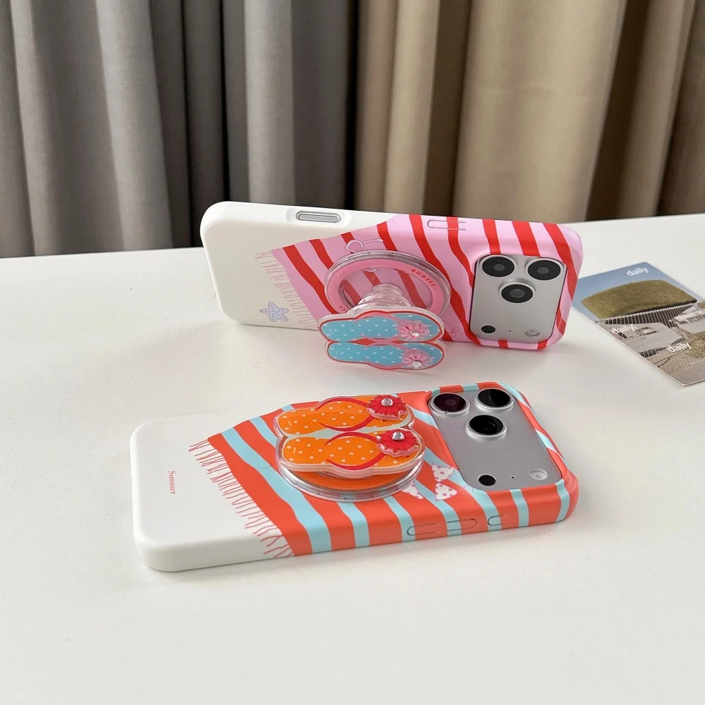 Ins Summer Striped Cute 3D Flip-Flop Holder Phone Case For iPhone 17 Pro 16 Max 15 16 17 ProMax 15Pro Fashion With Magnetic Case