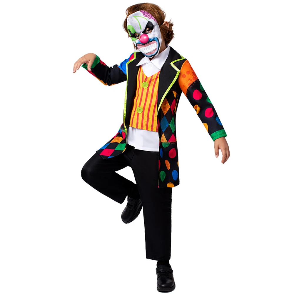 Enge Clown Jongen Halloween Kostuum Horror Themafeest Kinderen Verkleden Kwaadaardige Clown Kostuum Voor Kind