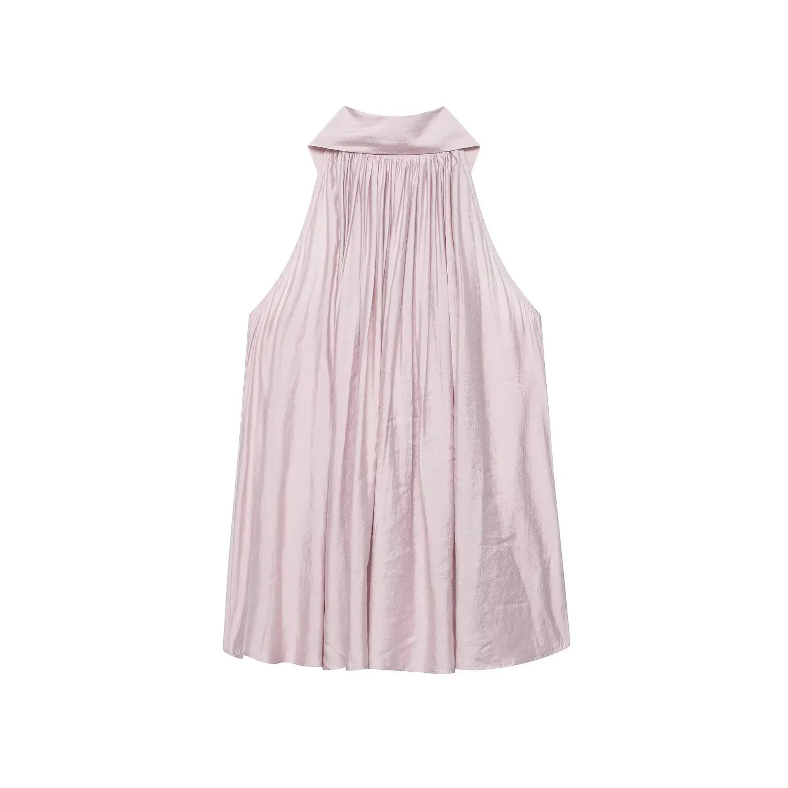 French Vintage Halter Top Women Elegant Silk Satin Sleeveless Shirt Summer High Neck Gathered Pleated Blouse Casual Tank Tops