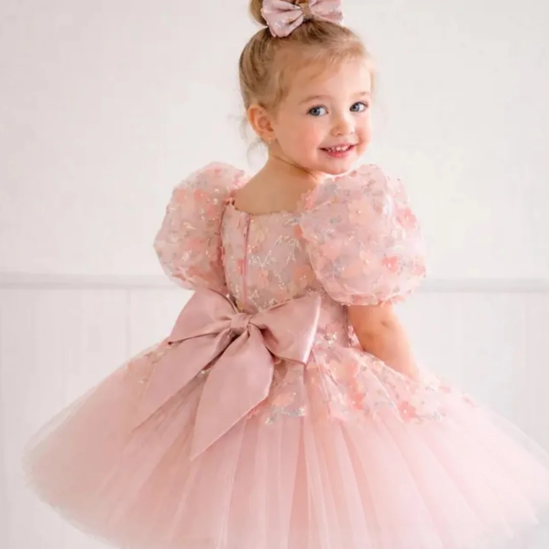 3D Floral Flower Girl Dresses Sequins Appliques Infant Pinktoddler Child Vestido Party Pageant Birthday Baby Clothes Customized