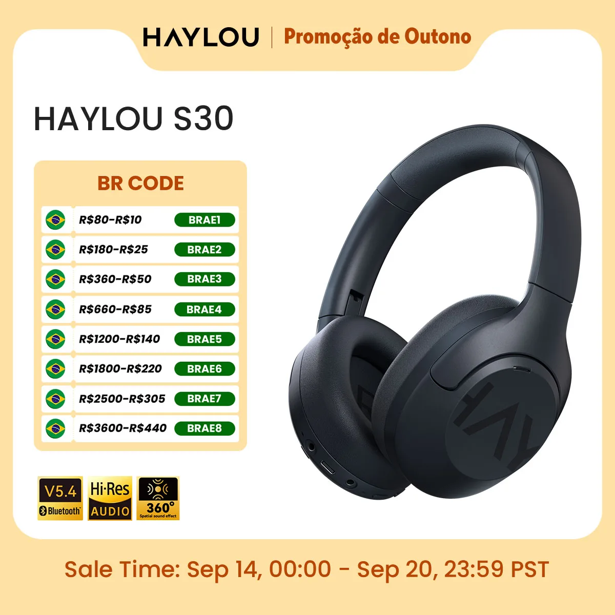 HAYLOU S30 Fones de ouvido sem fio com Bluetooth 5.4 Fones de ouvido com cancelamento de ruído adaptável de 43 dB e driver de 40