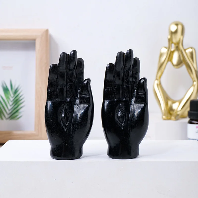 Natural Black Obsidian Carved Evil Eye Hand Reiki Healing Crystal Artwork Energy Balancing Stone for Room Home Decoration Gift