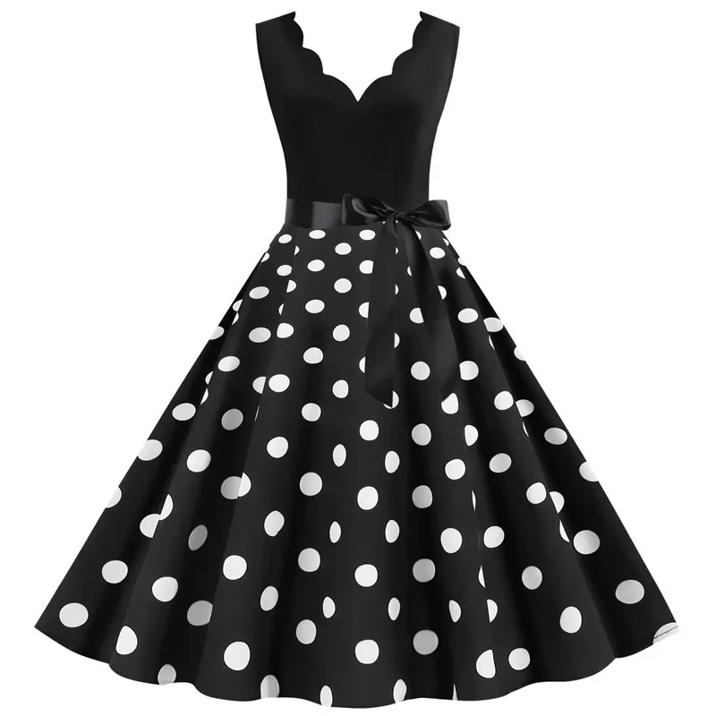 Damskie Sukienki Retro Letnie Lata 50. 60. Bez Rękawów Dekolt V Kropki Kokarda Sukienka Balowa Sukienka na Imprezę Sukienka Letnia Szata Vestidos — zdjęcie 2