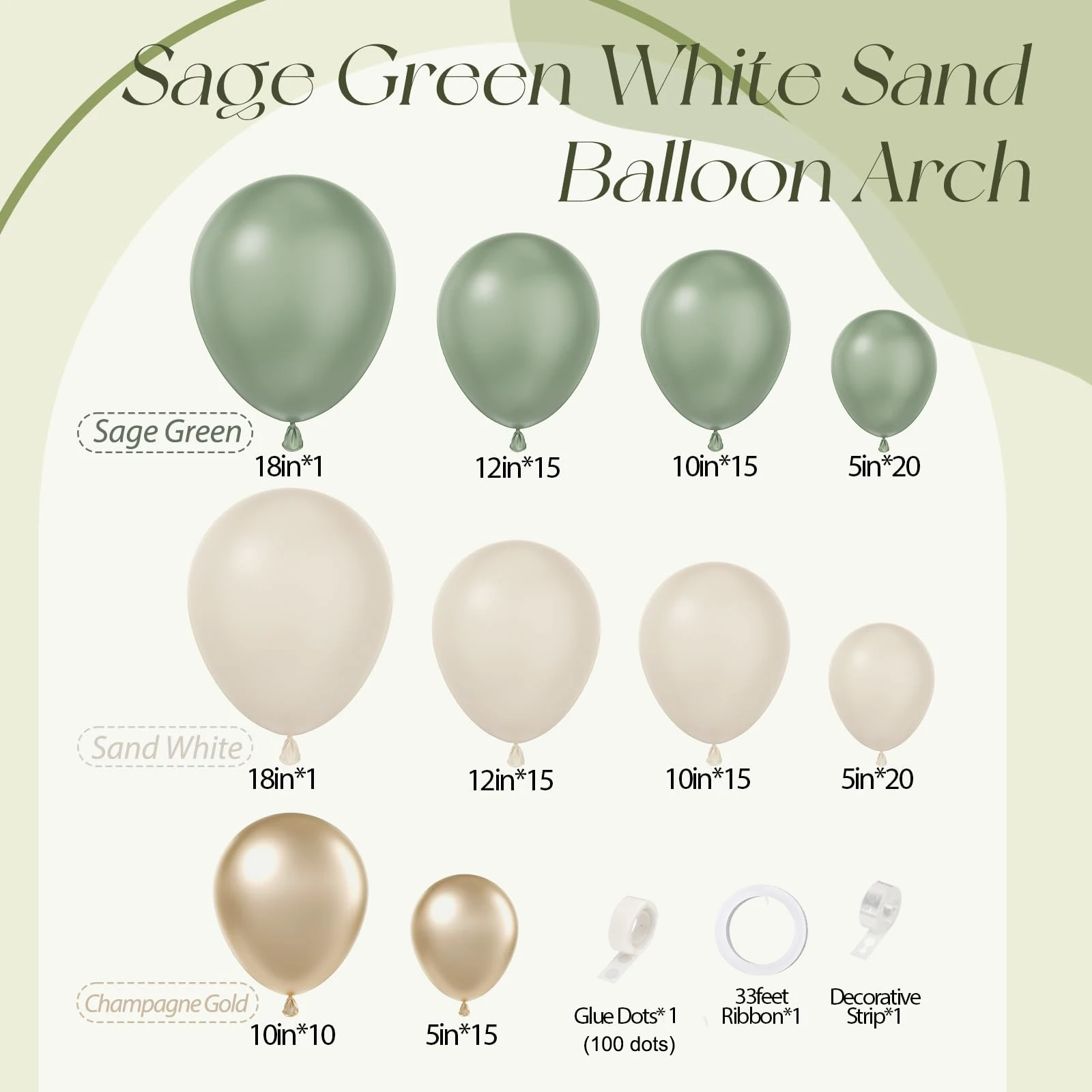 130PCS Sage Green Sand White Gold Balloon Garland Arch Kit for Baby Shower Bridal Shower Birthday Engagement Party Decoration