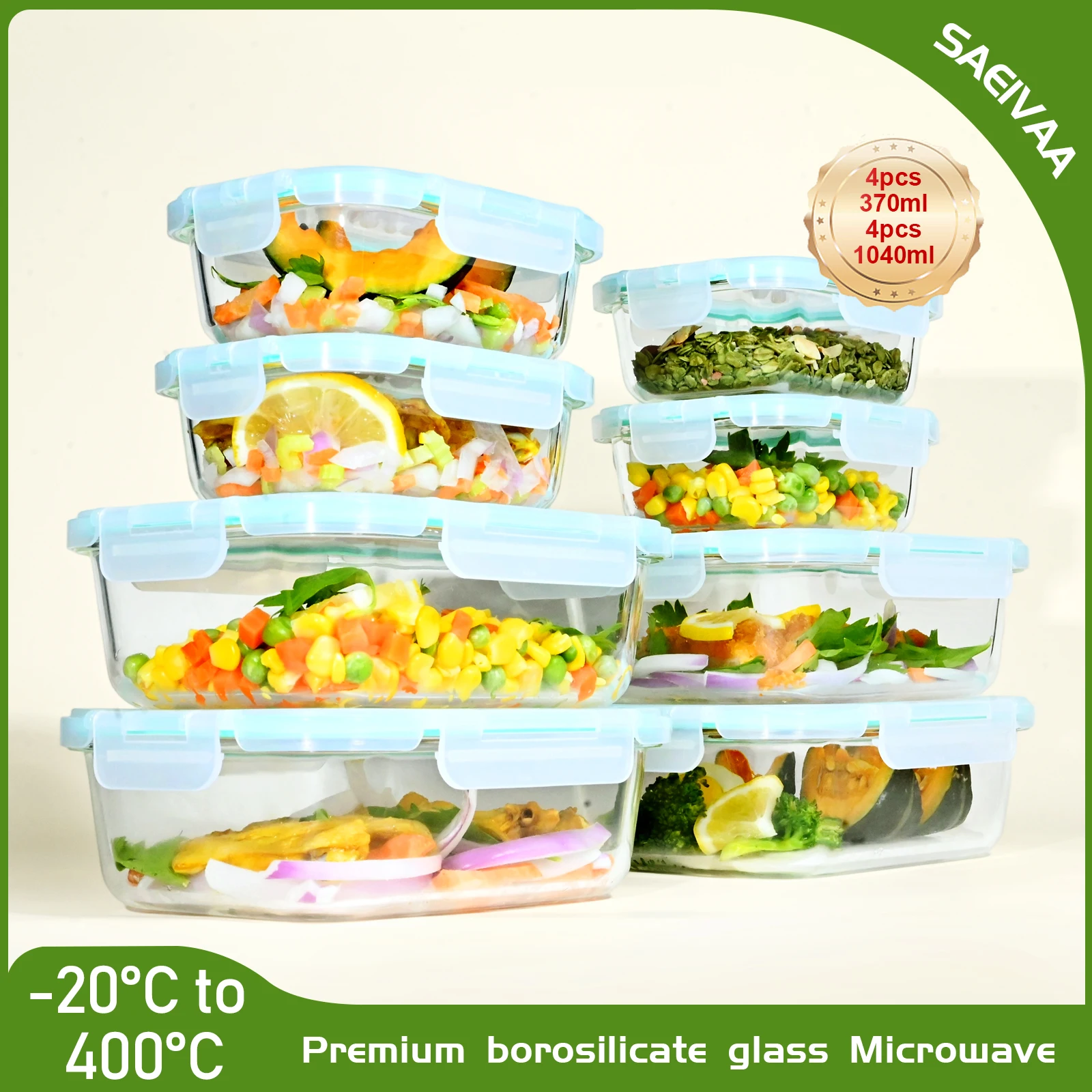 SAEIV 8-piece set of airtight food storage containers, 370/1040ml glass food storage jars, microwave/dishwasher safe, BPA-free – Detail 6