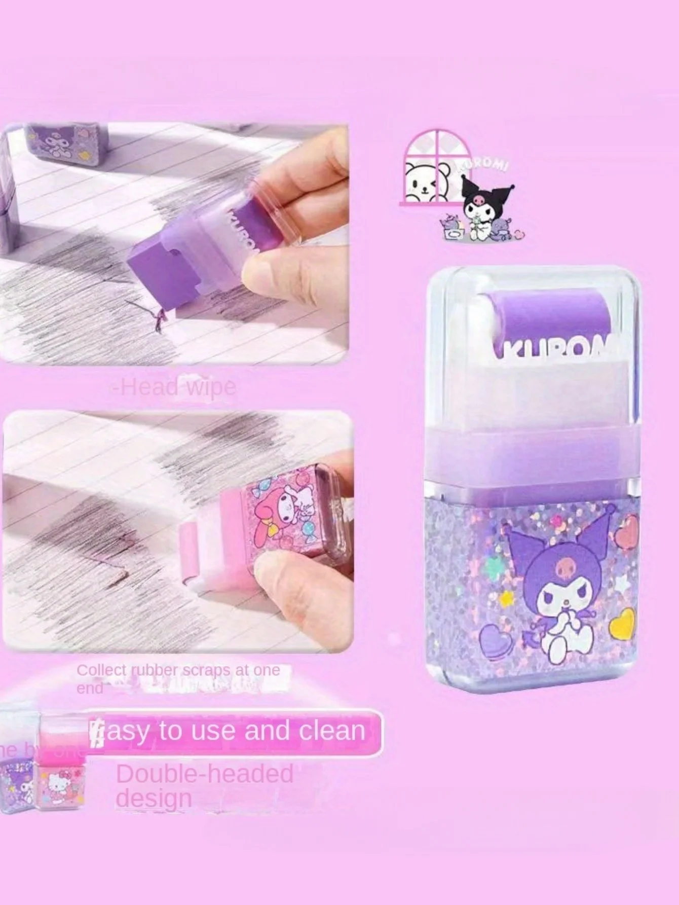 1/4pcs HelloKitty My Melody Kuromi Cinnamoroll Borracha fofa e criativa com borracha de rolo de imagem de desenho animado