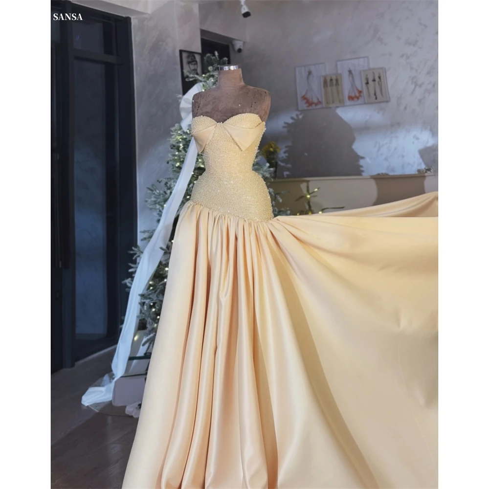 Sansa Customized Light Yellow A-line Sweetheart Neck Prom Dress Sleeveless Beading Vestidos De Noche Floor-Length Formal Evening