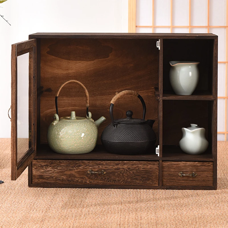 Solid wood dustproof desktop storage box modular detachable cosmetic shelf tea set organizer tea cup holder bookcase teapot latt